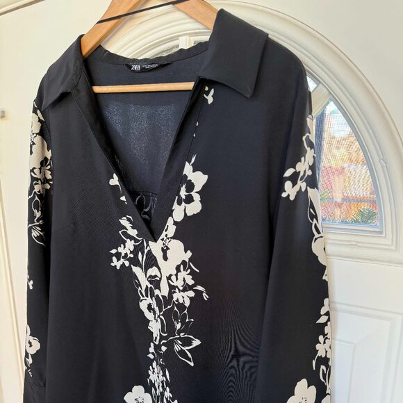 ZARA Womens Black Long Sleeve Minidress/Shirt w White Floral Details, Size:XL - Picture 4 of 9